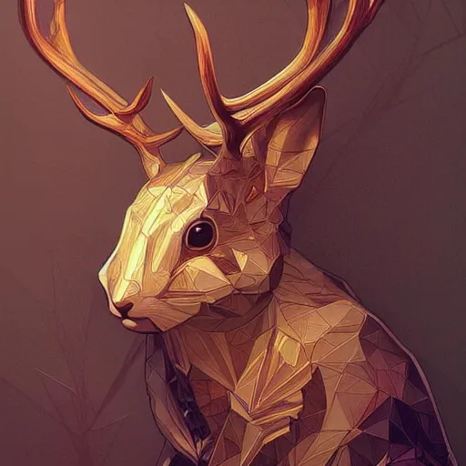 Image similar to Geometric Rabbit with antlers, intricate, elegant, highly detailed, digital painting, artstation, concept art, smooth, sharp focus, illustration, art by artgerm and greg rutkowski and alphonse mucha