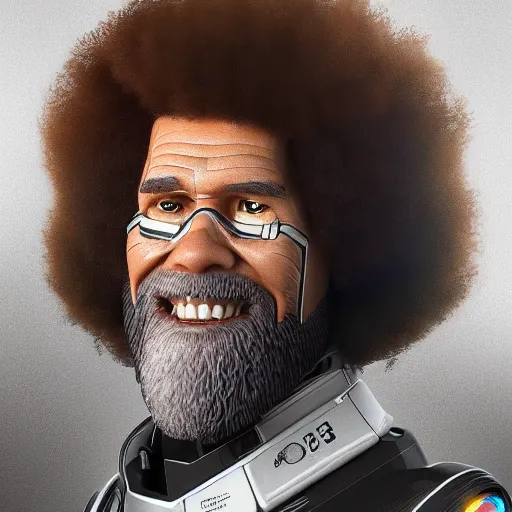 Image similar to bob ross cyborg. one eye covered with a robotic painting palette, art by artgerm and greg rutkowski and alphonse mucha, concept art, octane render, unreal engine 5, highly detailed, high quality, 8 k, soft lighting, realistic face, path traced