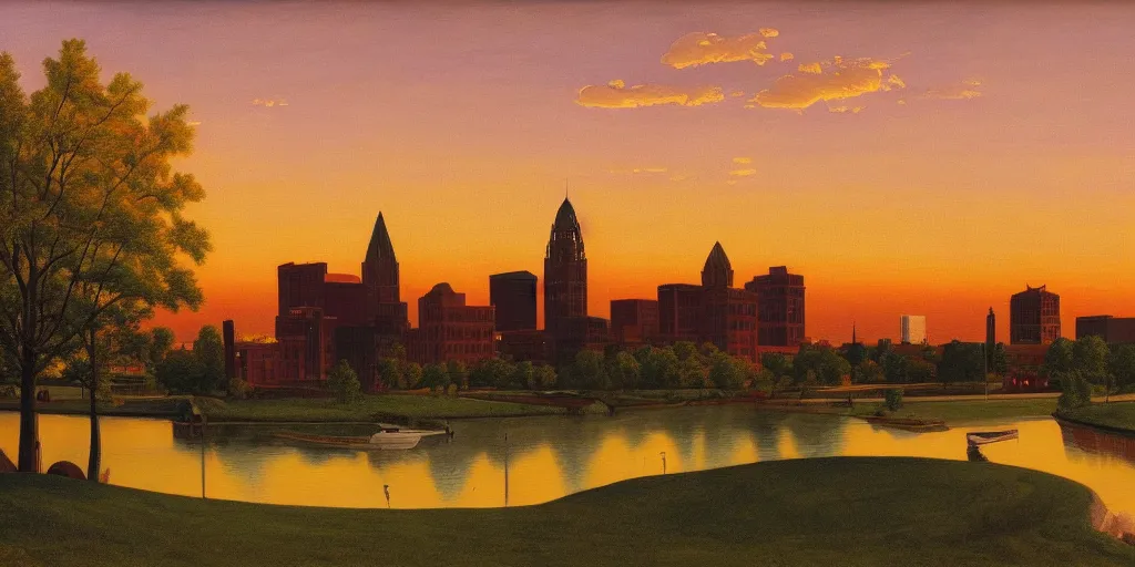 Image similar to a beautiful painting of Columbus Ohio by Rockwell Kent, golden hour, 8k, 4k