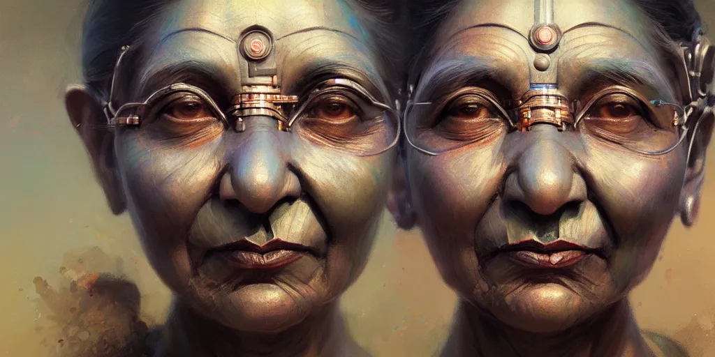 Image similar to ultra detailed face portrait of the mamatha gandhi as a cyborg, extremely detailed digital painting, in the style of fenghua zhong and ruan jia and jeremy lipking and peter mohrbacher, mystical colors, rim light, beautiful lighting, 8 k, stunning scene, raytracing, octane, trending on artstation