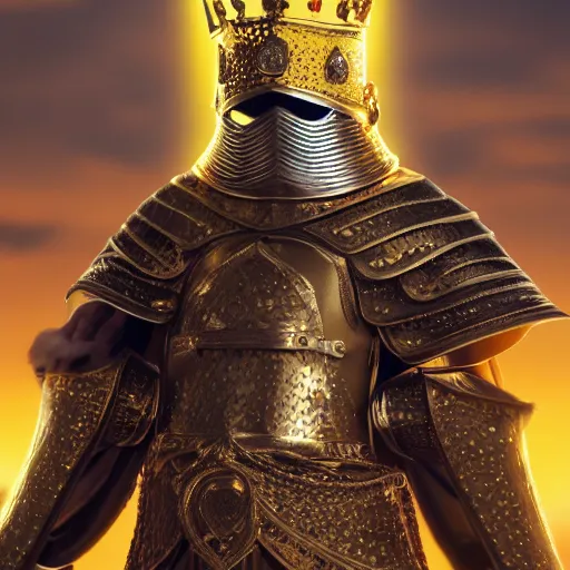 Prompt: a highly detailed full-length knight in a T golden helmet and crown with a diamond in the center, golden armor, leather clothes under the armor, leather gloves, holds a black sword, artstation, DeviantArt, professional, octane render, sunset lighting