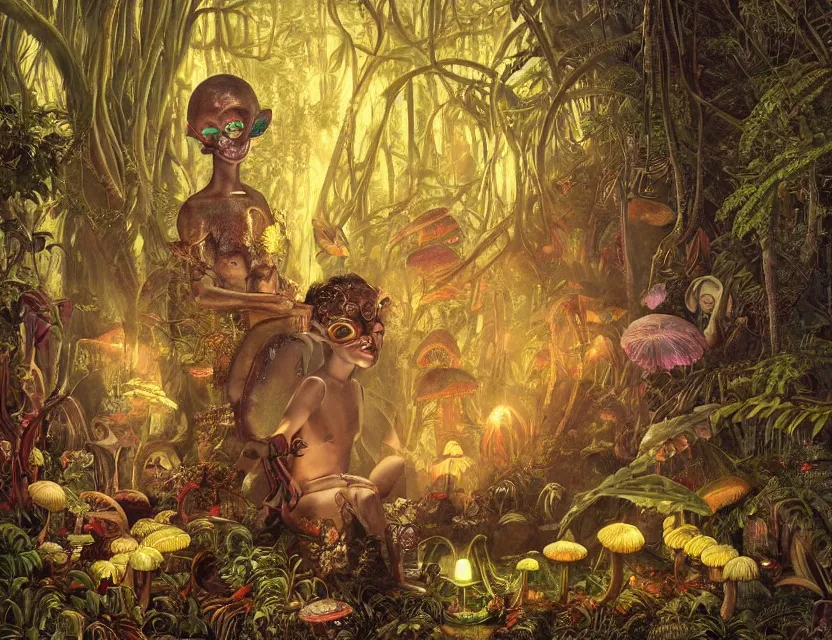 Prompt: a neoclassicist portrait of a big - eyed alien boy meditating wearing an iridescent venetian carnival butterfly mask surrounded by mushrooms in a jungle at night. reflective textures. glowing fog. highly detailed fantasy science fiction painting by moebius, norman rockwell, frank frazetta, and syd mead. rich colors, high contrast, gloomy atmosphere, dark background. artstation