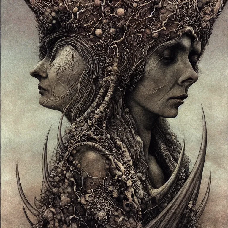 Image similar to A detailed horned many-faced goddess stands among the cosmos. Wearing a ripped mantle-robe in cosmic texture. Perfect faces, extremely high details, realistic, fantasy art, solo, masterpiece, art by Zdzisław Beksiński, Arthur Rackham, Dariusz Zawadzki