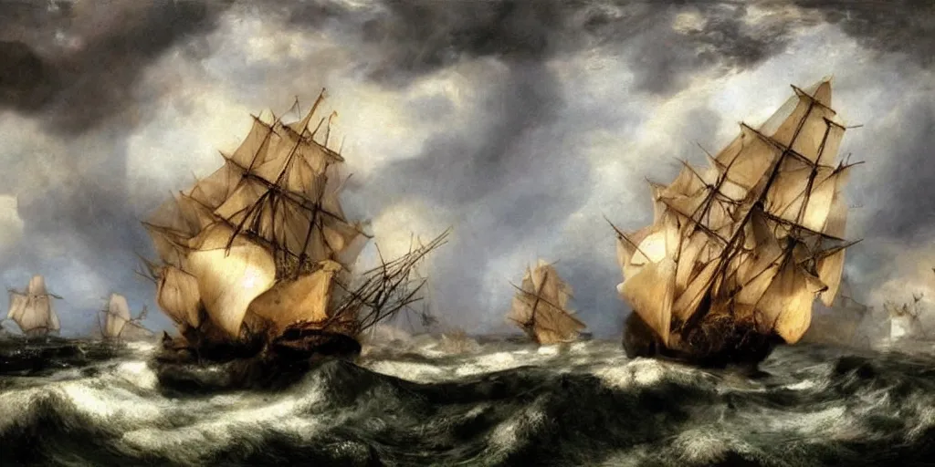 Prompt: kraken!!!!!!!!!!!!!!!!!!!!!!!! tentacles!!!!!!!!!!! stormy sea steamship boat dramatic clouds painting turner rembrandt