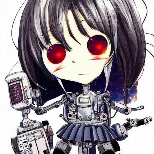 Prompt: Anime manga robot!! Anime girl, cyborg girl, exposed wires and gears, fully robotic!! girl, manga!! in the style of Junji Ito and Naoko Takeuchi, cute!! chibi!!! Schoolgirl, epic full color illustration