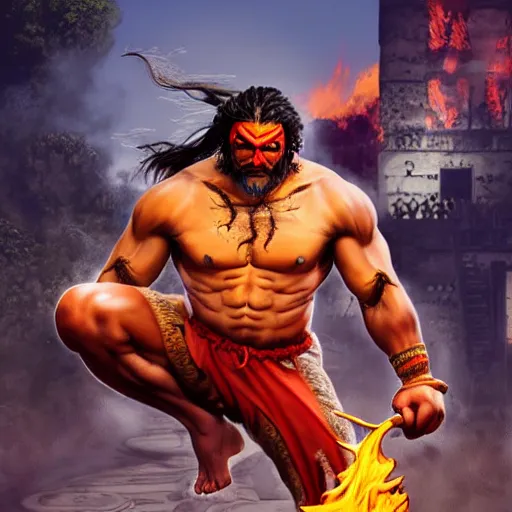 Prompt: jason momoa as dhalsim street fighter, sitting and floating in mid air, surrounded by fire, ultra realistic, concept art, intricate details, highly detailed, photorealistic, octane render, 8 k, unreal engine, art by frank frazetta, simon bisley, brom