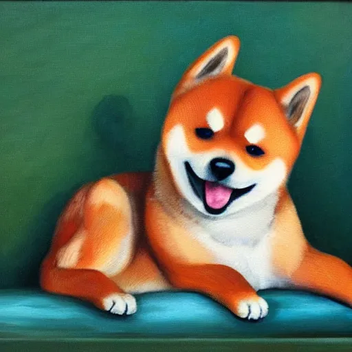 Prompt: oil painting of a cute shiba inu sitting on a couch and smiling