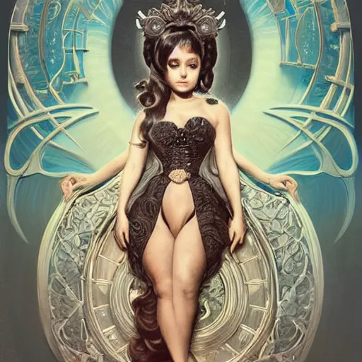 Image similar to Ariana Grande with a mustache, intricate, elegant, highly detailed, centered, digital painting, artstation, concept art, smooth, sharp focus, illustration, art by artgerm and H R Giger and alphonse mucha