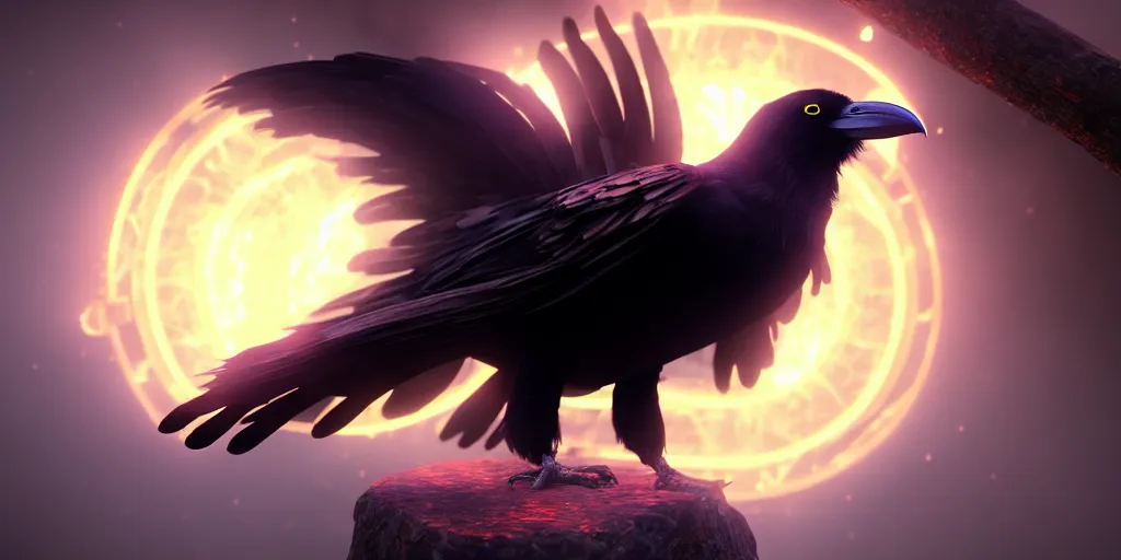 Image similar to black raven with glowing magic ring around neck stylized fantasy illustration HD, high quality, highly detailed, unreal engine, 4K quality