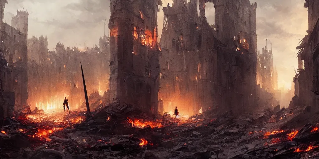 Image similar to a painting of a cinematic keyframe of a medieval knight warrior with his sword walking into a destroyed medieval town, with fire by greg rutkowski, dark fantasy art, high detail, trending on artstation