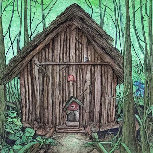 Image similar to It's a hut in the forest. It is standing on chicken legs. The only way to enter the house is to say a spell that makes it turn towards you and away from the forest. I am baba yaga, an enigmatic spirit of the forest