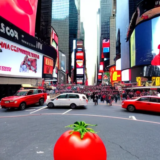 Prompt: a giant tomato on times square