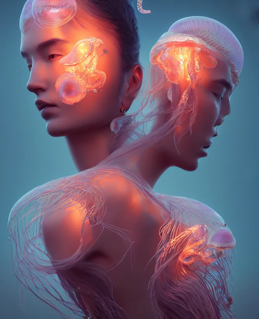 Image similar to goddess portrait. jellyfish phoenix head. intricate artwork by Tooth Wu and wlop and beeple. octane render, trending on artstation, greg rutkowski very coherent symmetrical artwork. cinematic, hyper realism, high detail, octane render, 8k