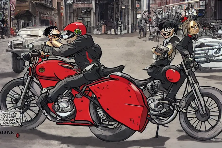 Prompt: italian pizza, akira's motorcycle, gorillaz, advertisement, kid drawn