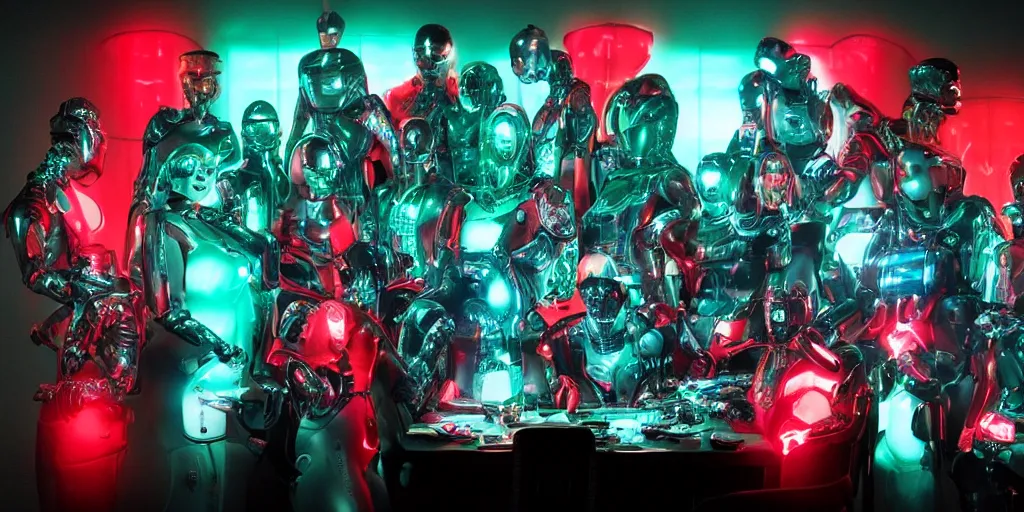 Image similar to !13 diverse cybersuits on !one_side of a reflective !cybernetic table, !!posing_as_last_supper cinematic lighting, detailed glowing red implants, teal, satin, !!highly detailed