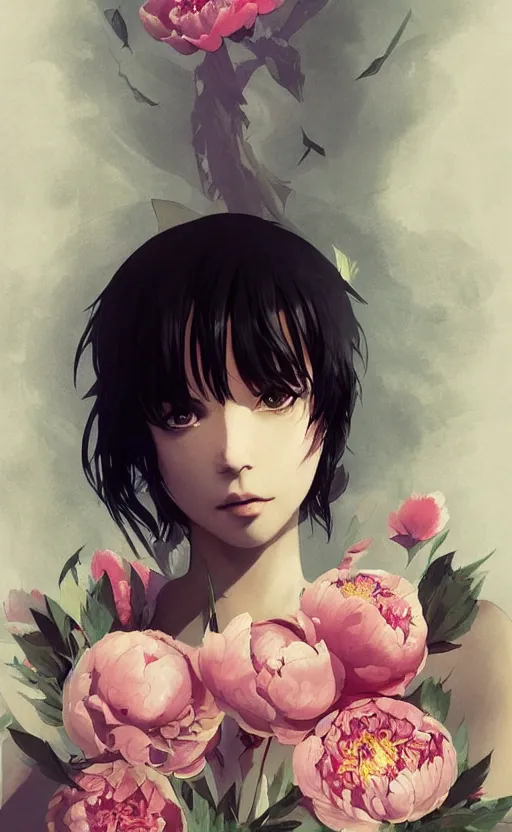 Image similar to bestselling movie poster, official media,a cinematic beautiful closeup moment of saying goodbye with peonies, simple form, brutal shapes, shaman, pixiv, 1970s fashion, official anime media, cinematic lighting, artstation consept artwork by doja cat, charlie bowater, waterhouse, ,greg rutkowski, wong kar wai