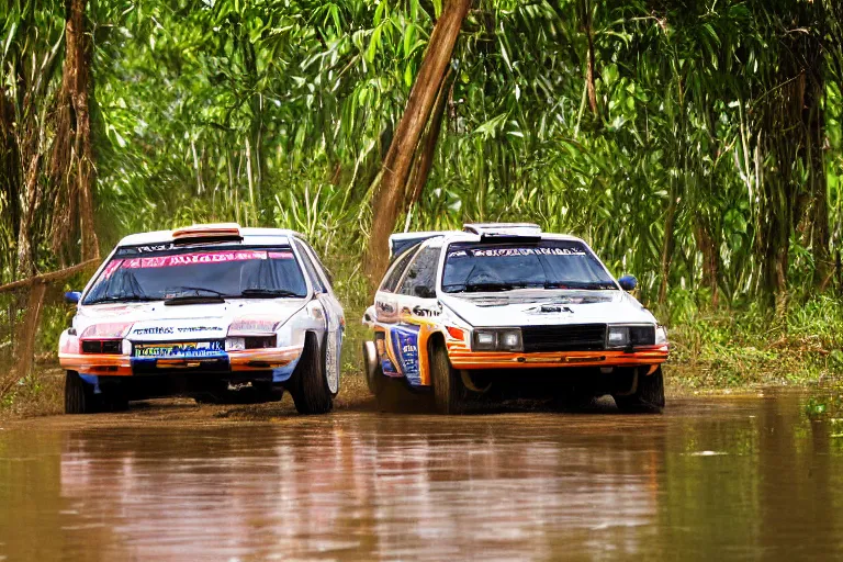 Prompt: a group B rally car driving around over a wooden bridge in the Cambodian swamps, high-speed sports photography