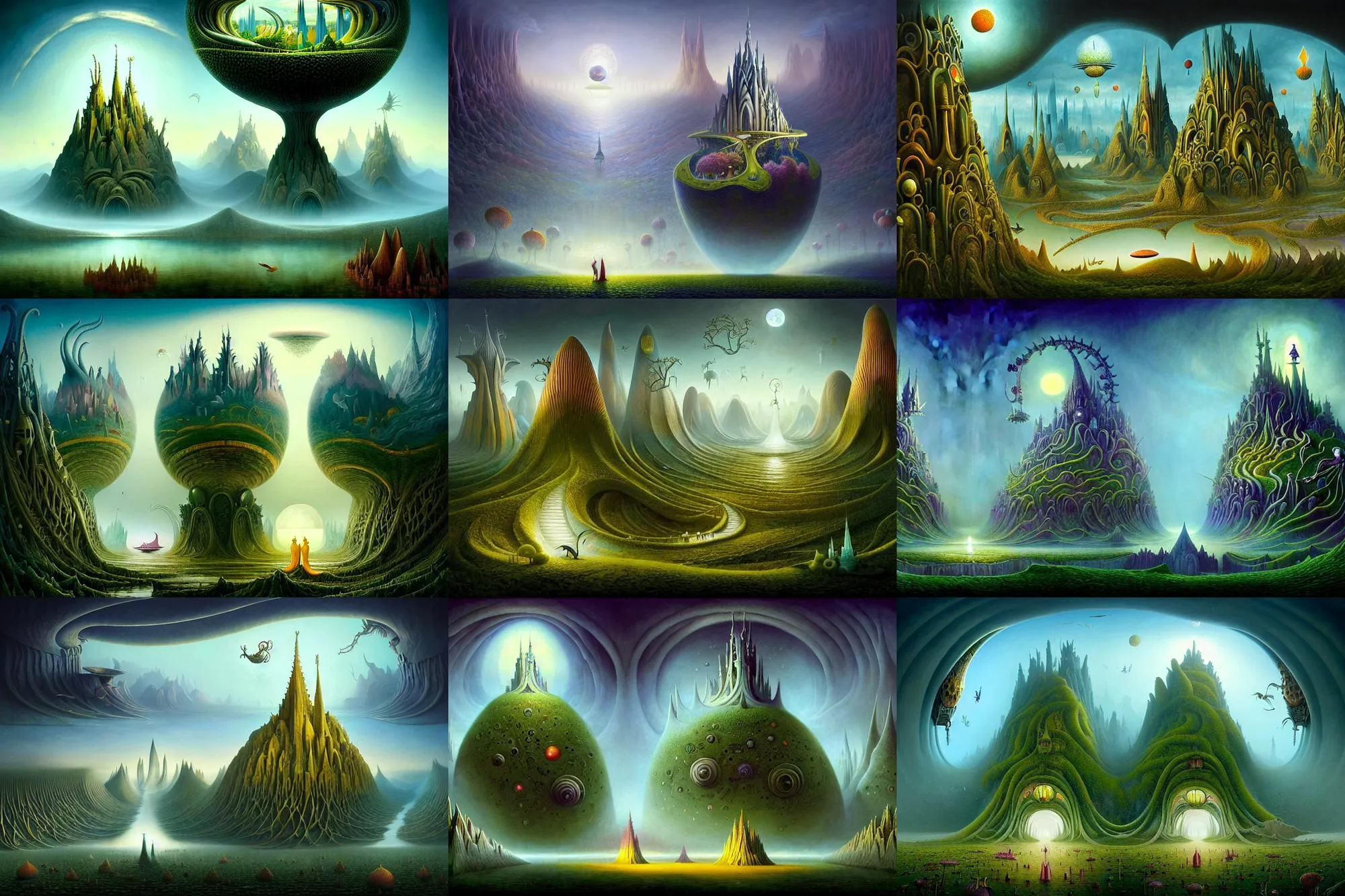 Prompt: a beguiling epic stunning beautiful and insanely detailed matte painting of alien dream worlds with surreal architecture designed by Heironymous Bosch, mega structures inspired by Heironymous Bosch's Garden of Earthly Delights, vast surreal landscape and horizon by Andrew Ferez and Cyril Rolando and Oh Ji Hoon, masterpiece!!, grand!, imaginative!!!, whimsical!!, epic scale, intricate details, sense of awe, elite, wonder, insanely complex, masterful composition, sharp focus, fantasy realism, dramatic lighting