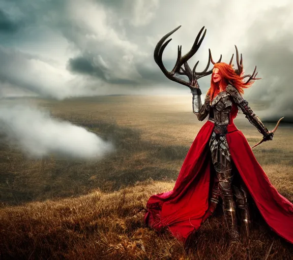 Image similar to a photo of an armored woman warrior redhead with antlers sitting on a giant red cap mushroom that covers a whole village and reaches above the clouds by luis royo. intricate. lifelike. soft light. sony a 7 r iv 5 5 mm. cinematic post - processing