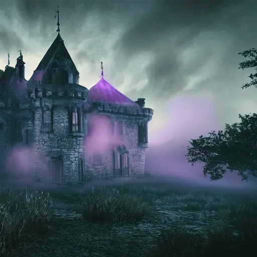 Image similar to abandoned castle, ultra realistic, 8 k, purple fog, dark, ultra detailed, highly detailed, fantastically detailed, illustration, night time, cinematic