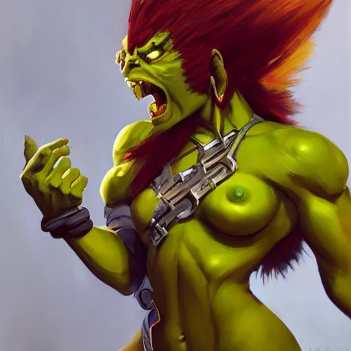 Image similar to greg manchess portrait painting of partially armored blanka from street fighter as overwatch character, medium shot, asymmetrical, profile picture, organic painting, sunny day, matte painting, bold shapes, hard edges, street art, trending on artstation, by huang guangjian and gil elvgren and gerald brom