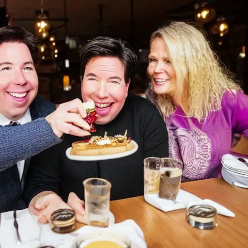 Image similar to portait of michael mcintyre and middle aged blonde woman with short hair and a blonde woman with long hair having dessert at sunday in brooklyn restaurant