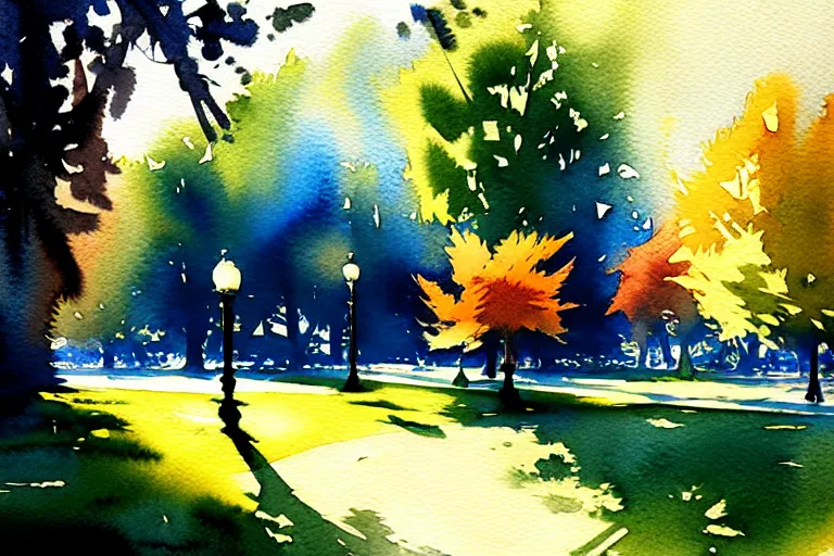 Image similar to small centered on watercolor paper, paint brush strokes, abstract watercolor painting of city park, daylight, shadows, foliage, sunlight, translucent leaves, cinematic light, national romanticism by hans dahl, by jesper ejsing, by anders zorn, by greg rutkowski, by greg manchess, by tyler edlin