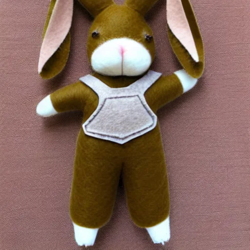 Image similar to a cute elegant felt plush doll of a rabbit wearing overalls