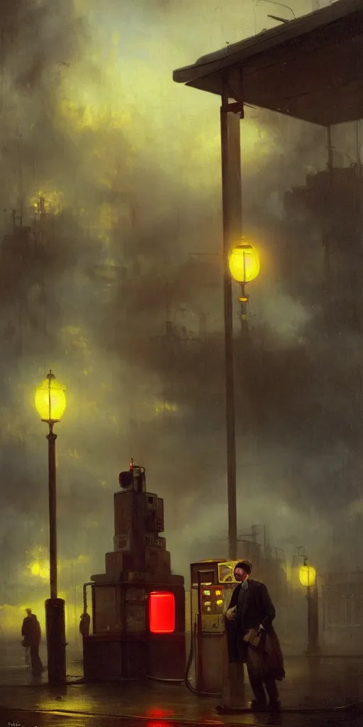 Image similar to a gas station in 1 9 4 0 with yellow and red light in the middle of the night, a men stand up next to the pump, mystical blue fog, oil on canvas, art by andreas achenbach, clemens ascher, tom bagshaw and sabbas apterus,