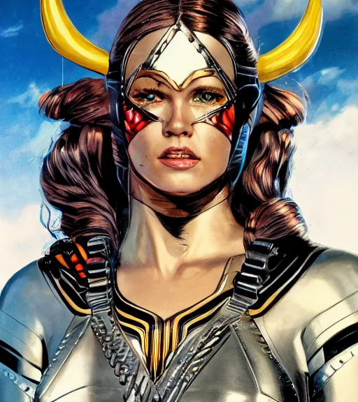 Prompt: HD photograph of Viking female android, by MARVEL comics and Sandra Chevrier, 4k