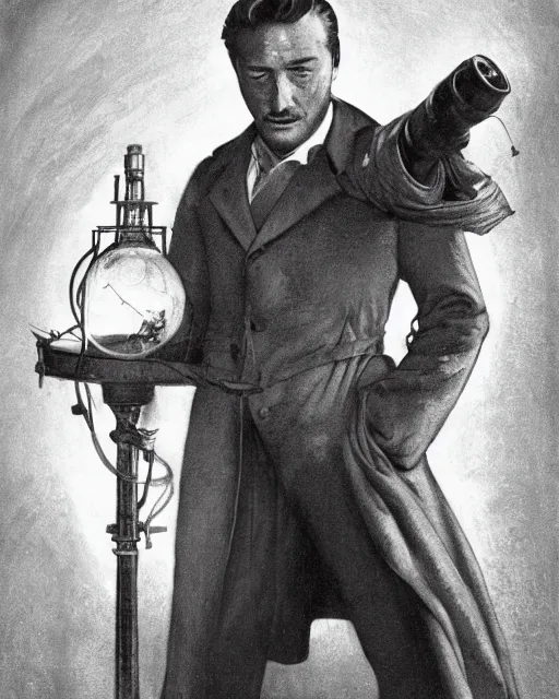 Image similar to Errol Flynn as a scientist. 1980s dystopian Soviet Russia, propaganda screens. Unreal engine, fantasy art by Greg Rutkowski, Gustave Courbet, Rosa Bonheur, Edward Hopper, Ilya Yefimovich Repin, Jean-François Millet, Andrew Newell Wyeth. Faithfully depicted facial expression, perfect anatomy global illumination, radiant light, detailed and intricate environment