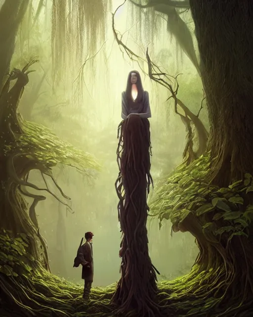 Image similar to highly detailed surreal vfx portrait of a cursed object in a shadowy forest by a willow tree, stephen bliss, unreal engine, greg rutkowski, loish, rhads, beeple, makoto shinkai and lois van baarle, ilya kuvshinov, rossdraws, tom bagshaw, alphonse mucha, global illumination, detailed and intricate environment