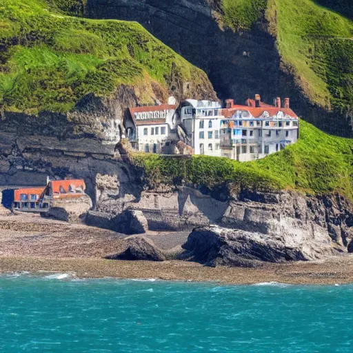 Prompt: a picture of a huge seaside cliff with a beach at the bottom, and small bronen huts in the beach, and a huge mansion on the top of the cliff :: a portrayal of the inequality of living confitions