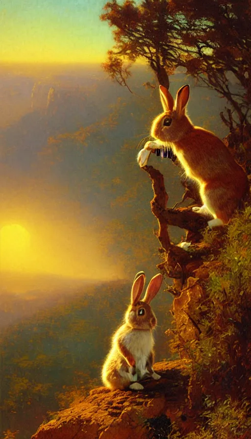 Image similar to hyper realistic rabbit looking off of a cliff, sun setting behind rabbit, lush forest in valley below, painted by gaston bussiere, craig mullins, j. c. leyendecker 8 k