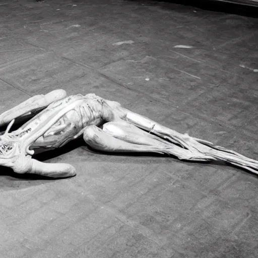 Image similar to dead alien lying on a metallic table. autopsy, black and white photo