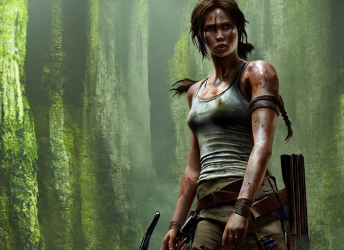 Image similar to film still of!!!! daisy edgar - jones!!! as lara croft in new tomb raider movie, 8 k