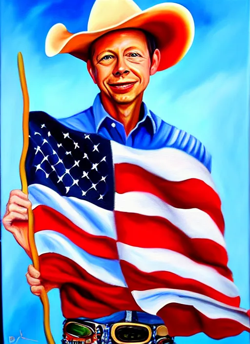 Image similar to oil painting portrait of brock pierce, american flag on background, cowboy style.