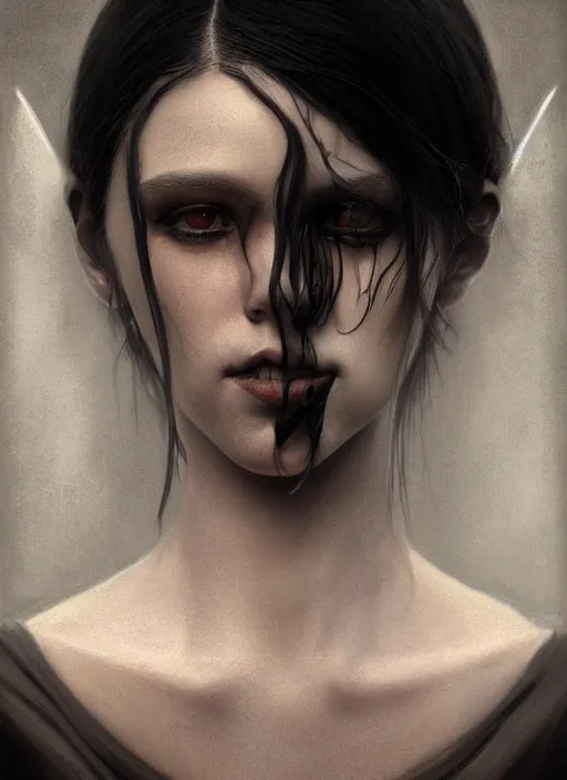 Prompt: octane render, unreal engine, symmetrical realistic, portrait, close - up, dark witch, painting by tom bagshaw, smooth, sharp focus