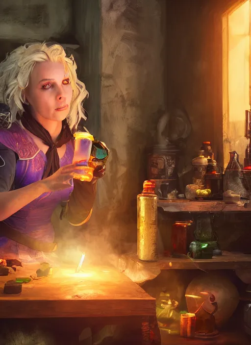 Prompt: An epic fantasy comic book style portrait painting of a light witch brewing a healing potion in her workshop, unreal 5, DAZ, hyperrealistic, octane render, cosplay, RPG portrait, dynamic lighting