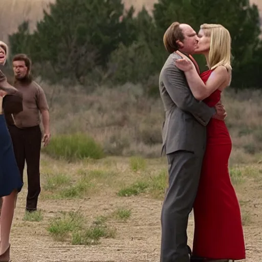 Prompt: saul goodman and Kim wexler kissing as the world ends behind them.