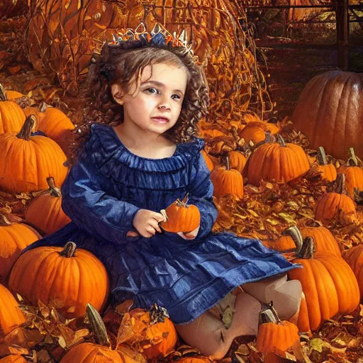 Image similar to a cute little girl with light brown wavy curly hair and blue eyes sitting amidst piles of pumpkins. beautiful cute highly detailed face. she is wearing a crown of autumn leaves. autumn and fall and halloween themed painting by artgerm and greg rutkowski and magali villanueve.
