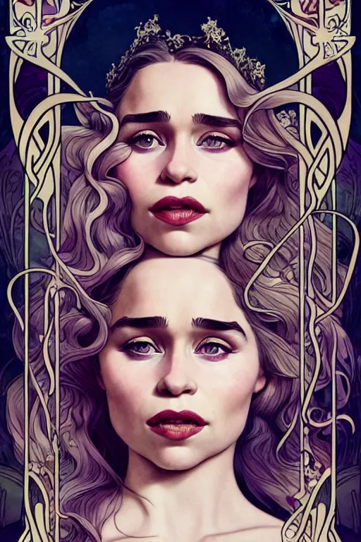 Image similar to new art nouveau closeup portrait of fantasy flower vargas princess seductive emilia clarke wearing a royal dress in an magic forest, anna dittmann, smooth skin, patrick nagle!!!, glamorous pose, charlie bowater and loish. long windblown blonde hair, ultrasharp focus, dramatic lighting, rose arches, octane, matte painting, intricate, d & d, poster