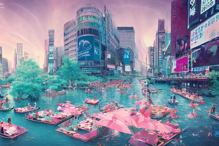 Image similar to floating markets of times square river in kyoto kamo turquoise and pink river during sakura season on thermal waters flowing down white travertine terraces during interstellar aurora borealis, gold waterfalls, vendors, festivals, fun, by peter mohrbacher, james jean, james gilleard, greg rutkowski, vincent di fate, rule of thirds, octane render, beautiful landscape