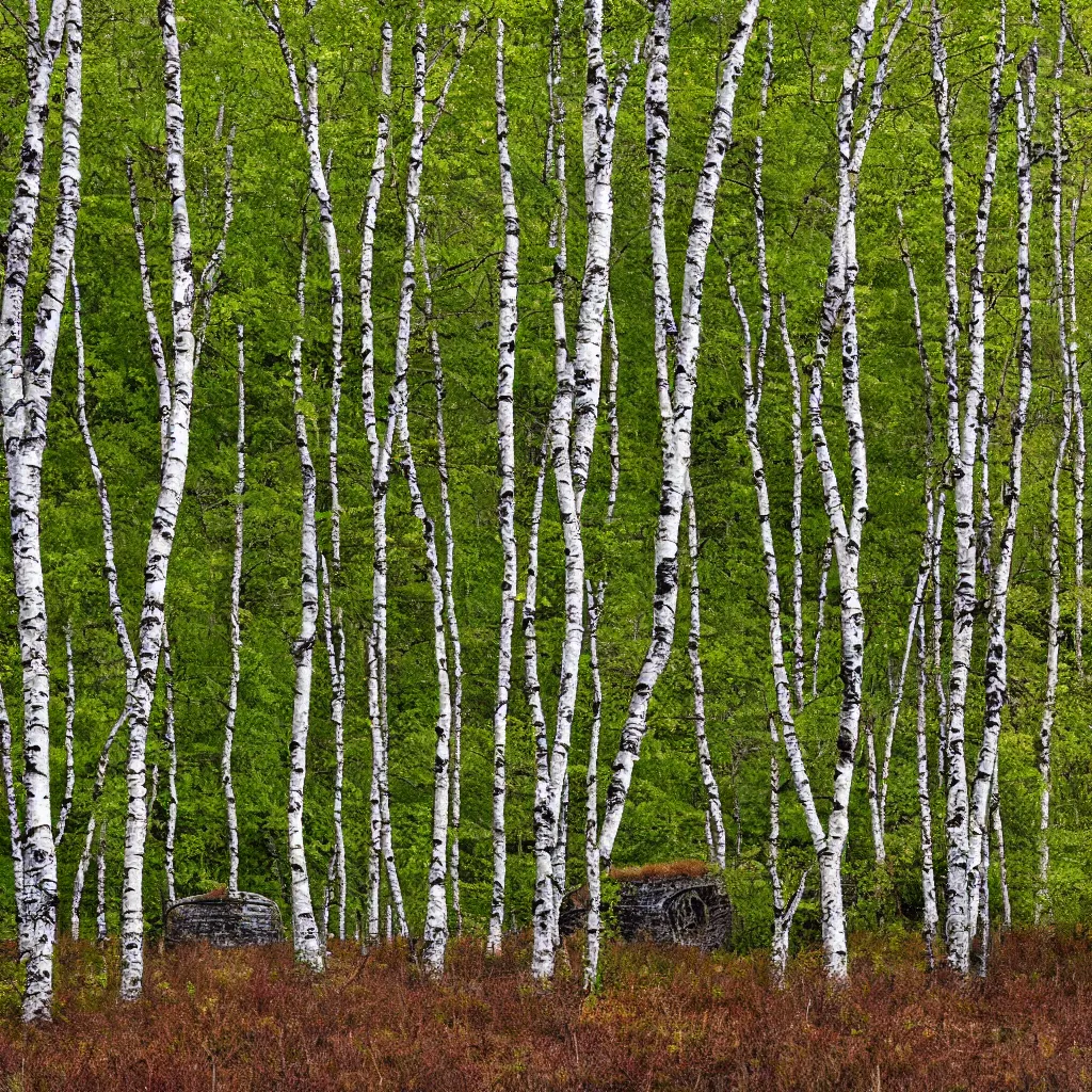 Image similar to old birch forest with old bunker entrance, small hills in the distance, very detailed, 4 k, professional photography