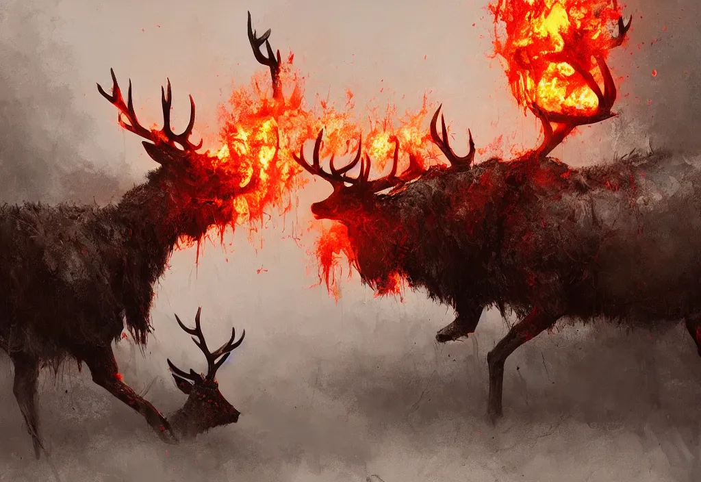 Image similar to a stag inside a burning heart, artstation, jakub rozalski, high detail, dramatic lighting