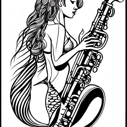Image similar to american traditional tattoo art of a mermaid playing the saxophone, line art, sheet paper