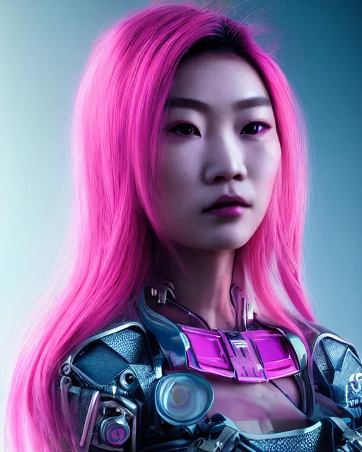 Image similar to portrait of a beautiful asian woman with pink hair as a cyberpunk cyborg half robot half woman, sci - fi, missing panels, intricate abstract upper body intricate artwork, concept art, octane render, deviantart, cinematic, key art, hyperrealism, iridescent accents, portrait photograph, nikon 3 5 mm, photograph by greg rutkowski