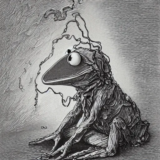 Prompt: Kermit the Frog by Gustave Dore, full body grayscale drawing, swirling flames