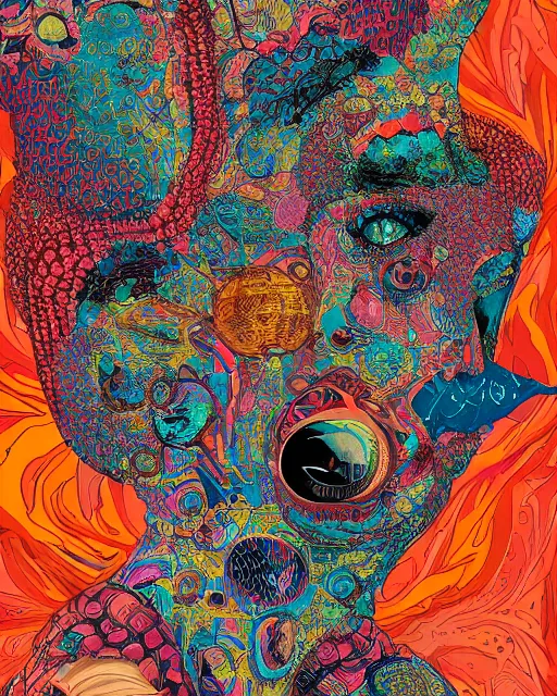 Prompt: beautiful 👩🏿🦳 face, bizarre, chaotic, vivid, hyper detailed, digital art, in the style of james jean, victo ngai, e. a. seguy patterns, experimental abstract art, dadaist, mixed media collage, bizarre, vibrant, psycho, warm colors