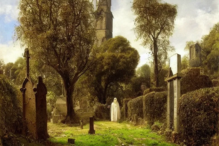 Prompt: a giant knight in armour and a slim woman wearing victorian dress walk through a cemetery on a path by a church in manchester england, overgrown, weeds and ivy on the graves, an old twisted tree, a tall stone wall, lawrence alma-tadema-H 1024